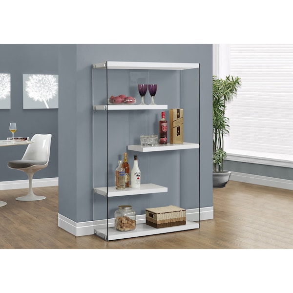 Monarch Specialties Bookshelf, Bookcase, Etagere, 5 Tier, 60"H, Office, Bedroom, Tempered Glass, Glossy White, Clear I 3290 - main